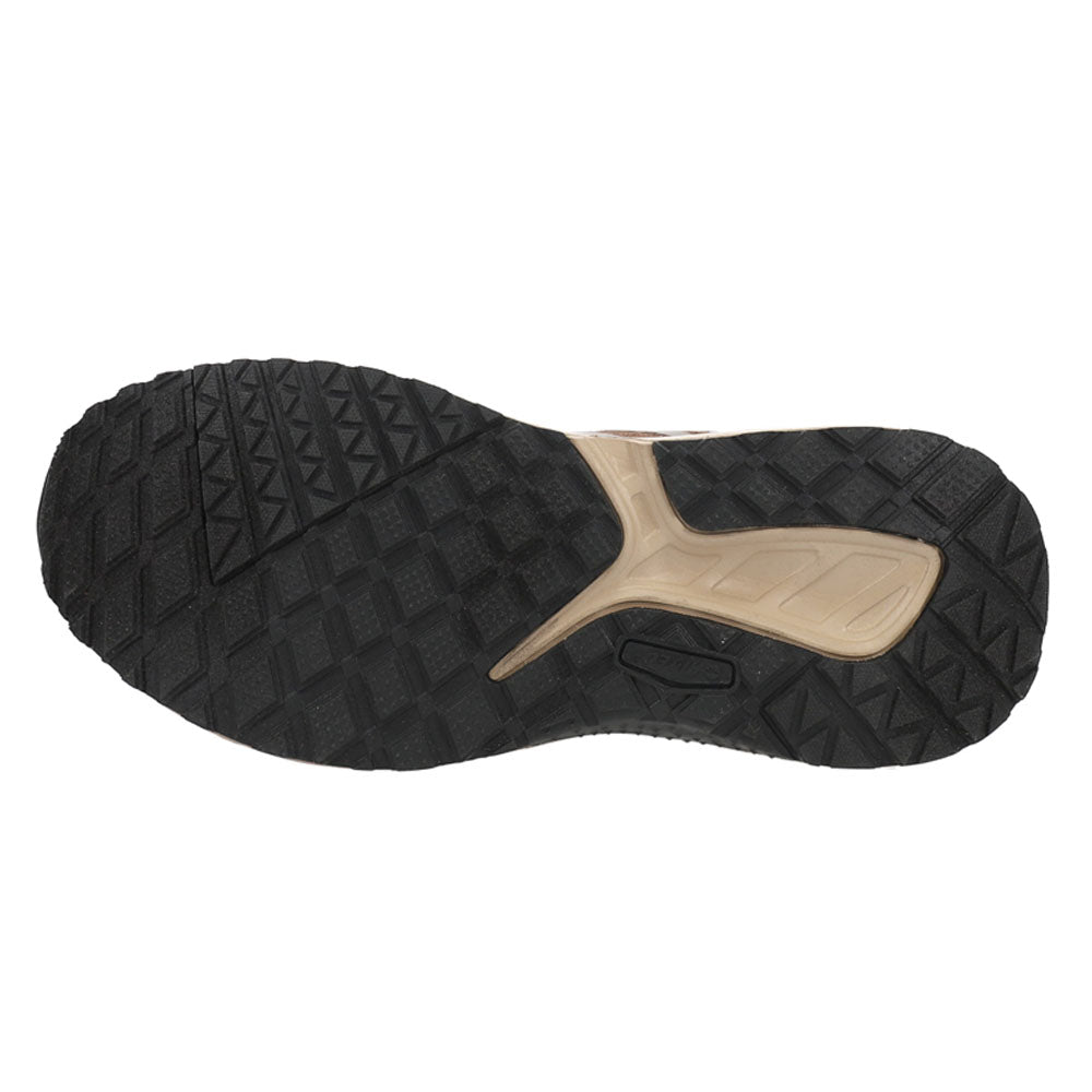 Brown low trail running shoe with lace-up front, layered panels and cream midsole