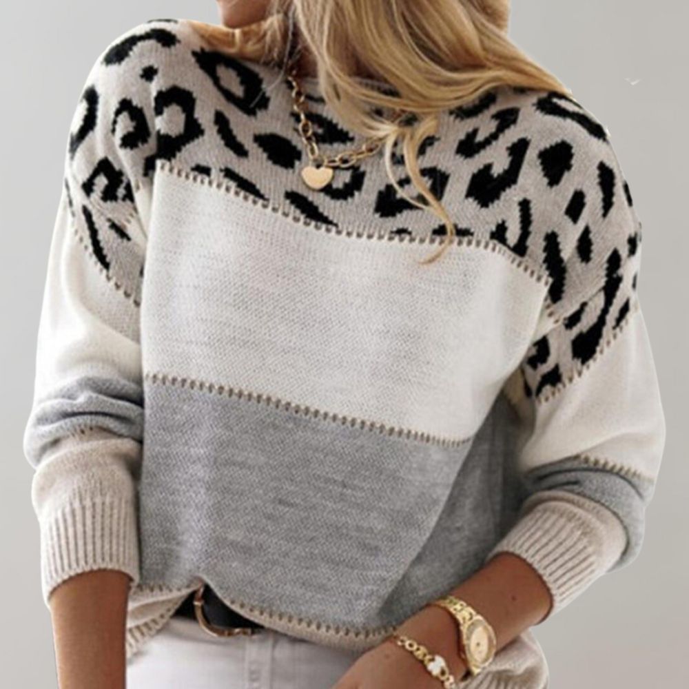 Women's colour-block leopard print sweater with long sleeves