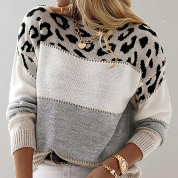 Women's colour-block leopard print sweater with long sleeves