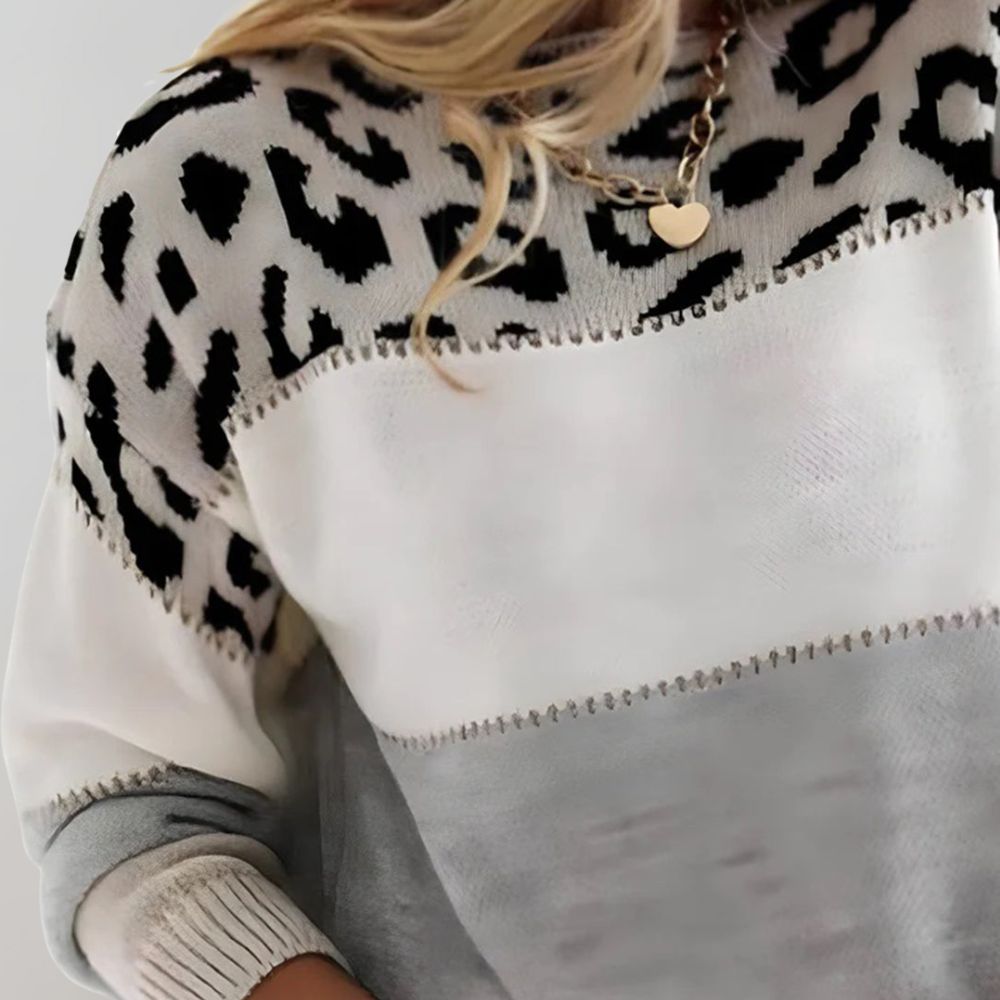 Women's colour-block leopard print sweater with long sleeves