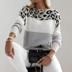 Women's colour-block leopard print sweater with long sleeves