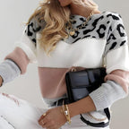 Women's colour-block leopard print sweater with long sleeves
