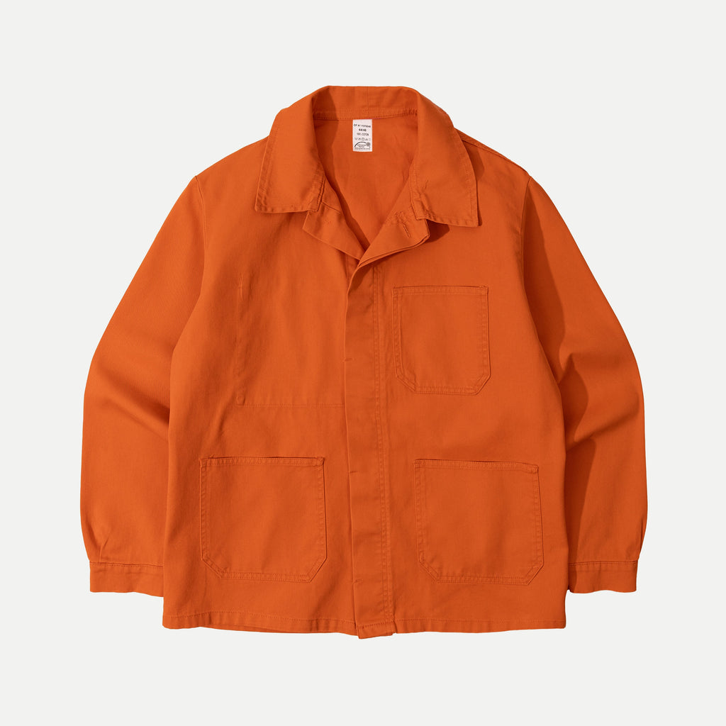 Men's orange utility jacket with collar and patch pockets