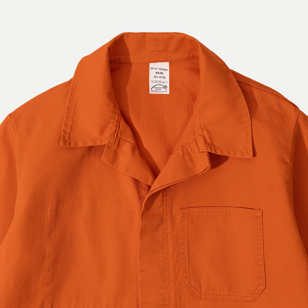 Men's orange utility jacket with collar and patch pockets