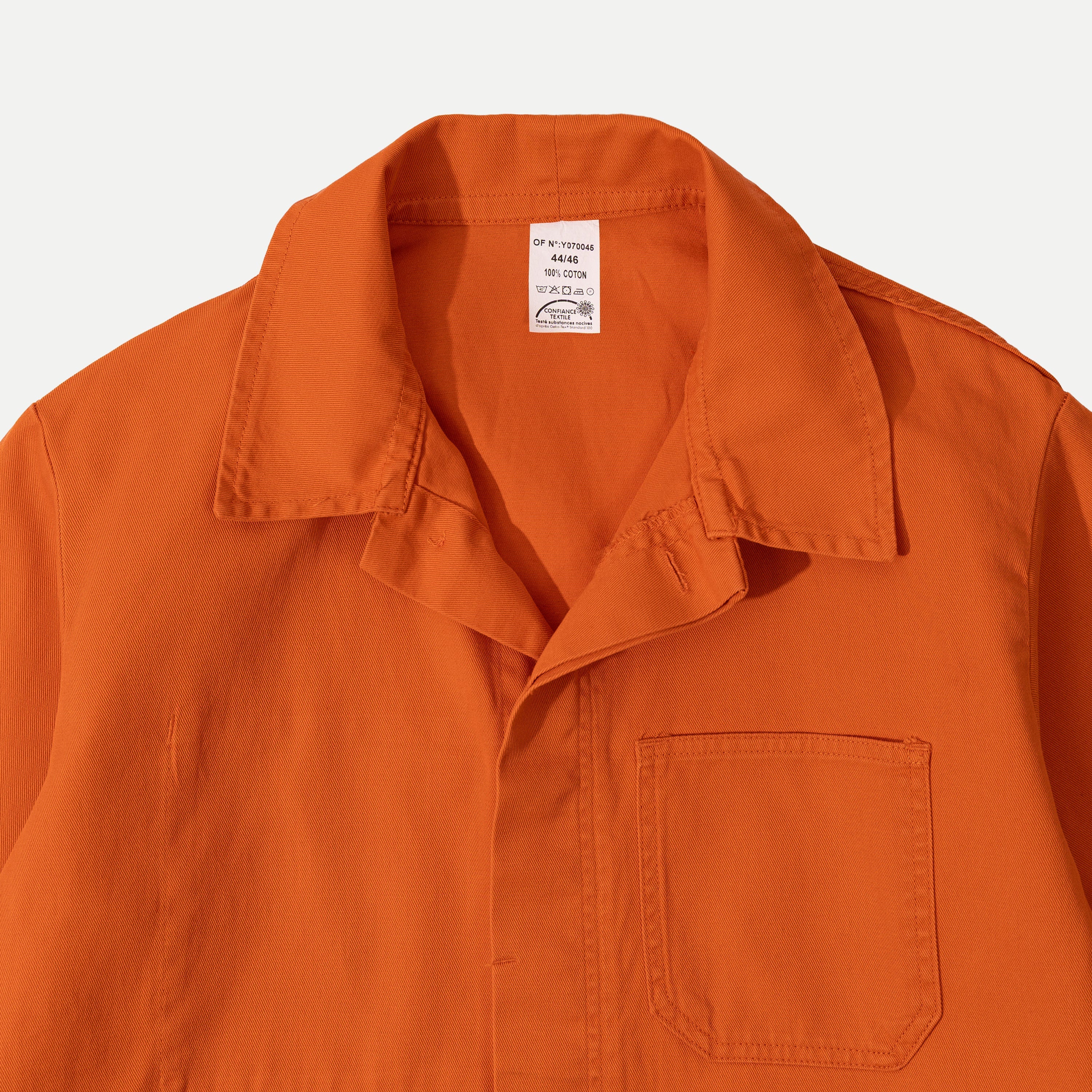 Men's orange utility jacket with collar and patch pockets