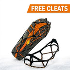 Black stretch ice cleats with traction chains fitted over boots