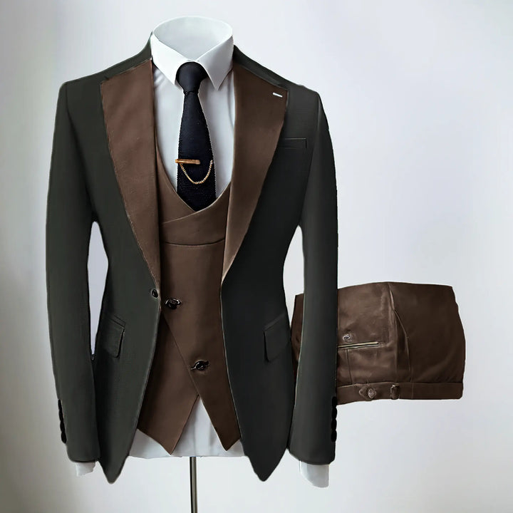 Men's slim fit three-piece suit with contrasting notch lapels and button-front waistcoat