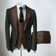 Men's slim fit three-piece suit with contrasting notch lapels and button-front waistcoat