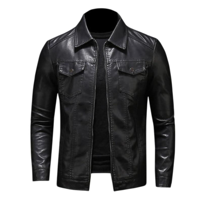 Men's black jacket with point collar, long sleeves and flap chest pockets