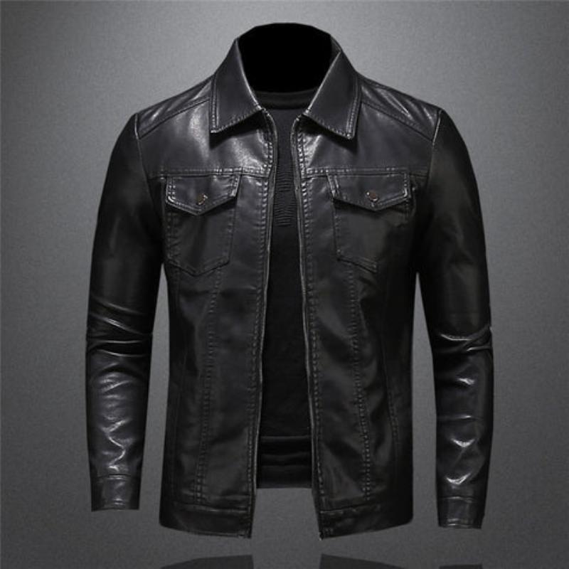 Men's black jacket with point collar, long sleeves and flap chest pockets