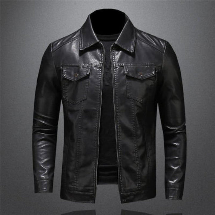 Men's black jacket with point collar, long sleeves and flap chest pockets