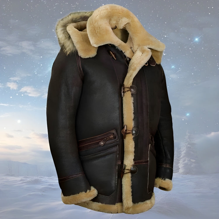 Men's dark brown hooded jacket with tan shearling-style lining and toggle fastenings