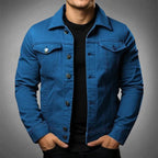 Men's denim jacket with point collar and buttoned chest pockets