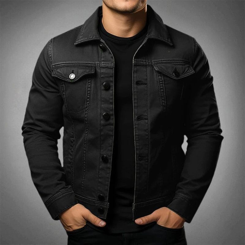 Men's denim jacket with point collar and buttoned chest pockets