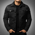 Men's denim jacket with point collar and buttoned chest pockets