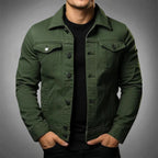 Men's denim jacket with point collar and buttoned chest pockets