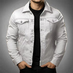 Men's denim jacket with point collar and buttoned chest pockets