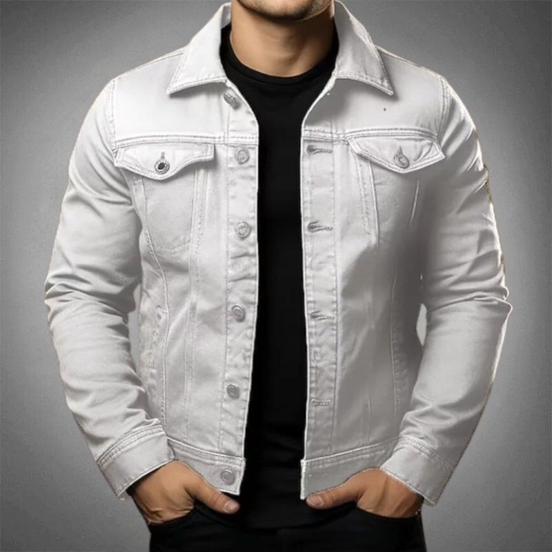 Men's denim jacket with point collar and buttoned chest pockets