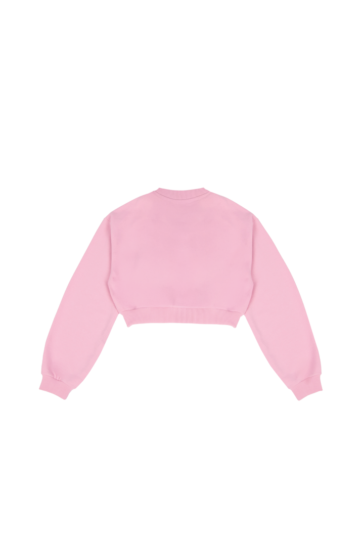 Women's pink cropped crewneck sweatshirt with long sleeves and ribbed trims