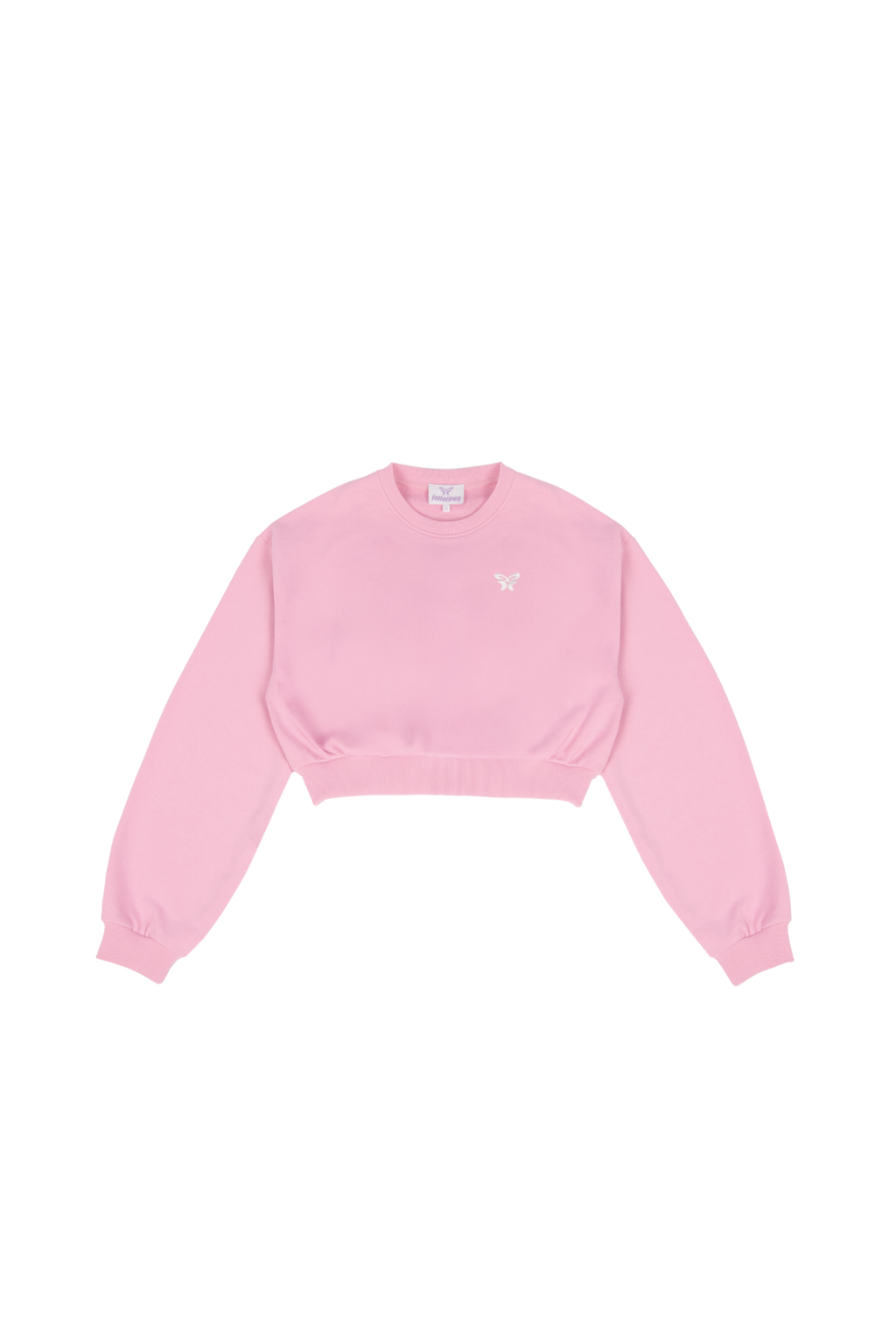 Women's pink cropped crewneck sweatshirt with long sleeves and ribbed trims
