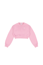 Women's pink cropped crewneck sweatshirt with long sleeves and ribbed trims