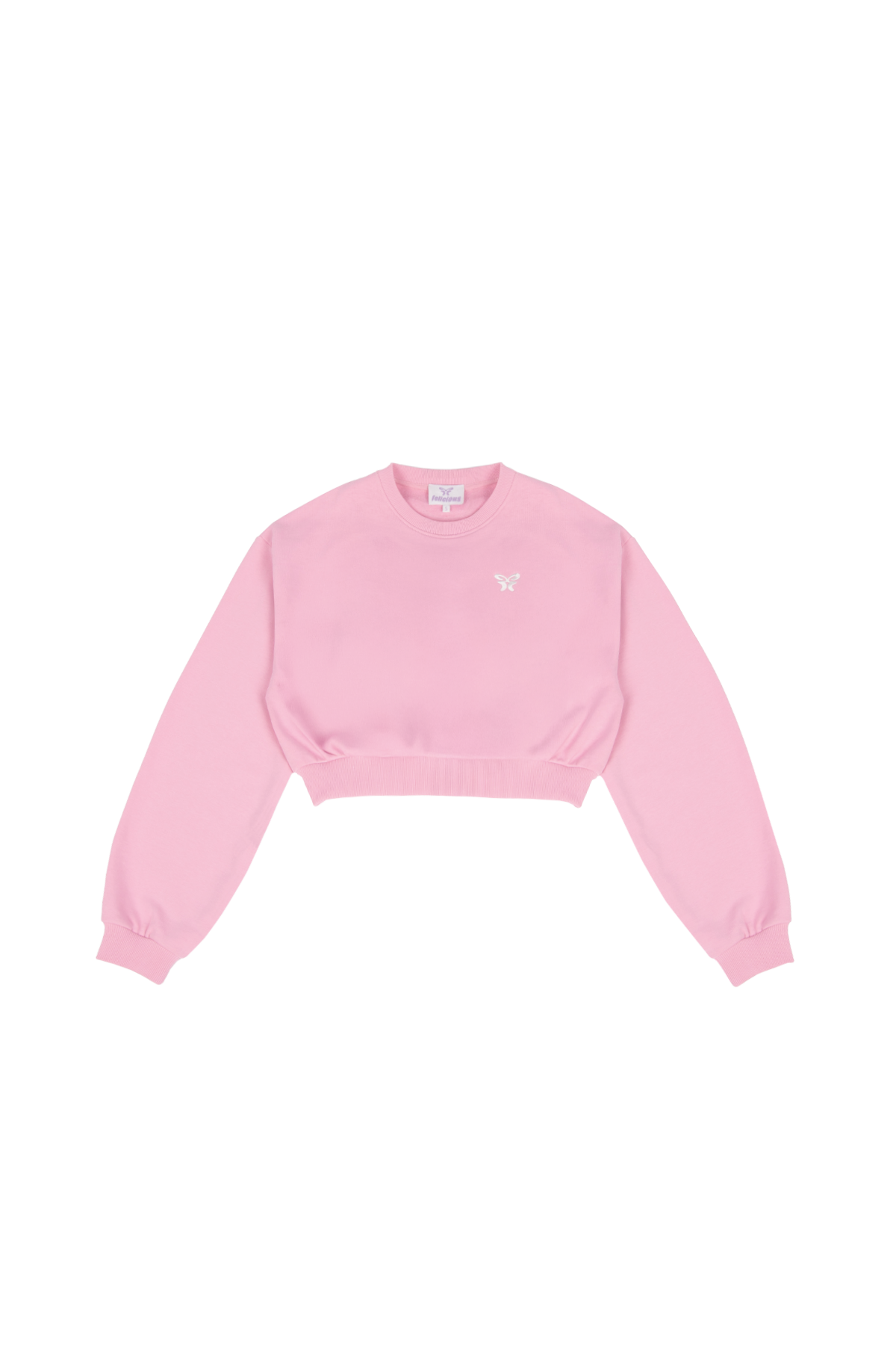 Women's pink cropped crewneck sweatshirt with long sleeves and ribbed trims