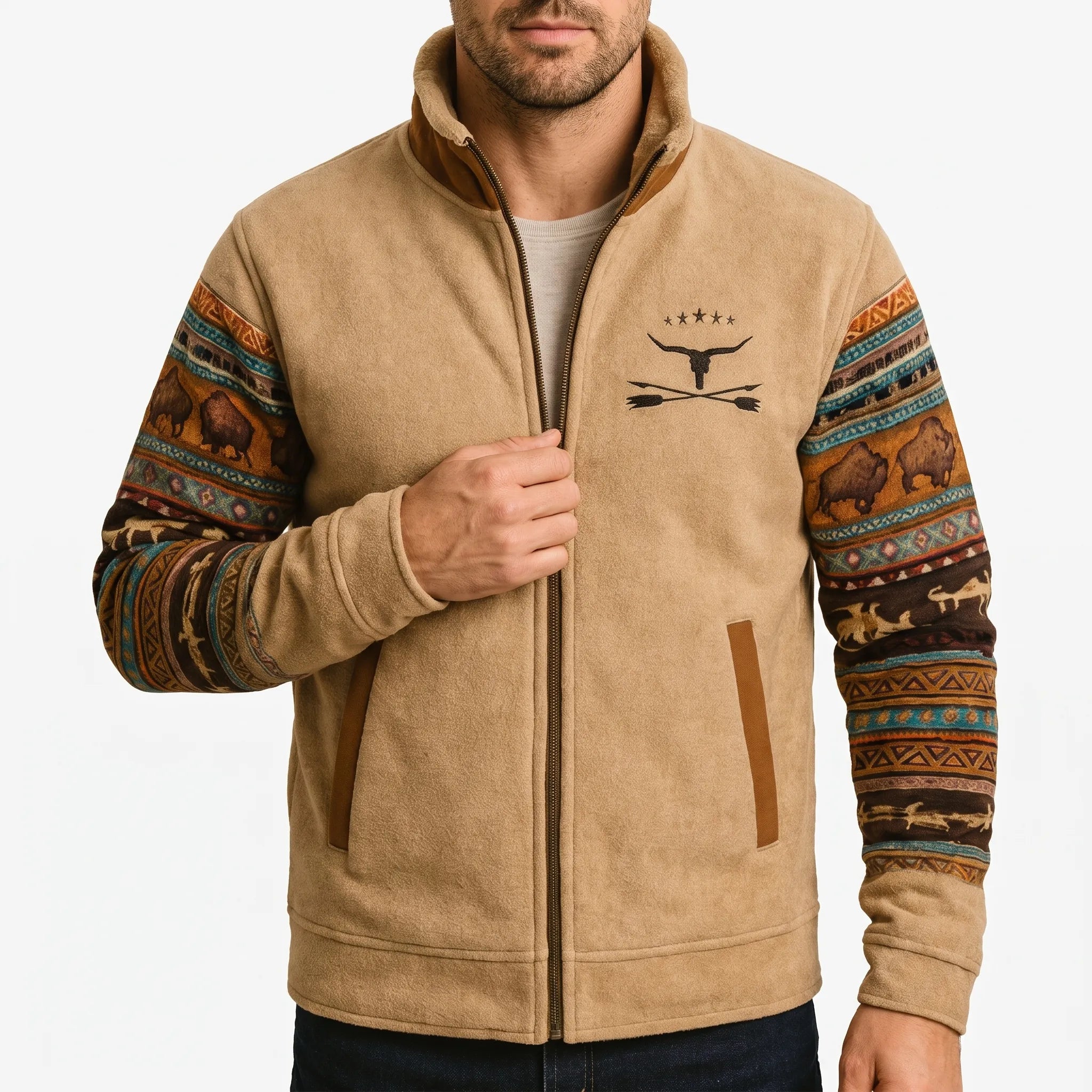 Cadoro  - Western Print Full-Zip Jacket Layering Over T-Shirts