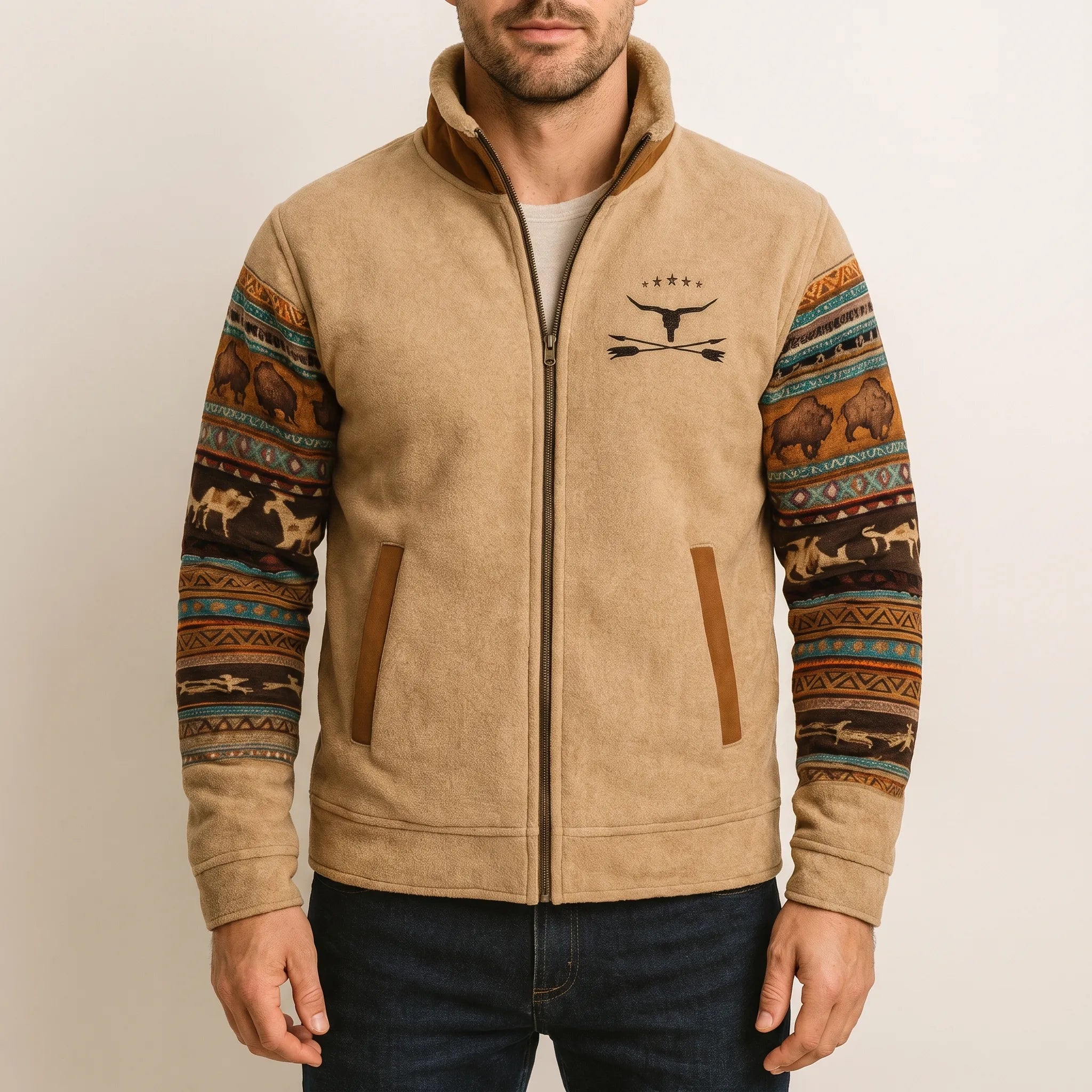 Cadoro  - Western Print Full-Zip Jacket Layering Over T-Shirts
