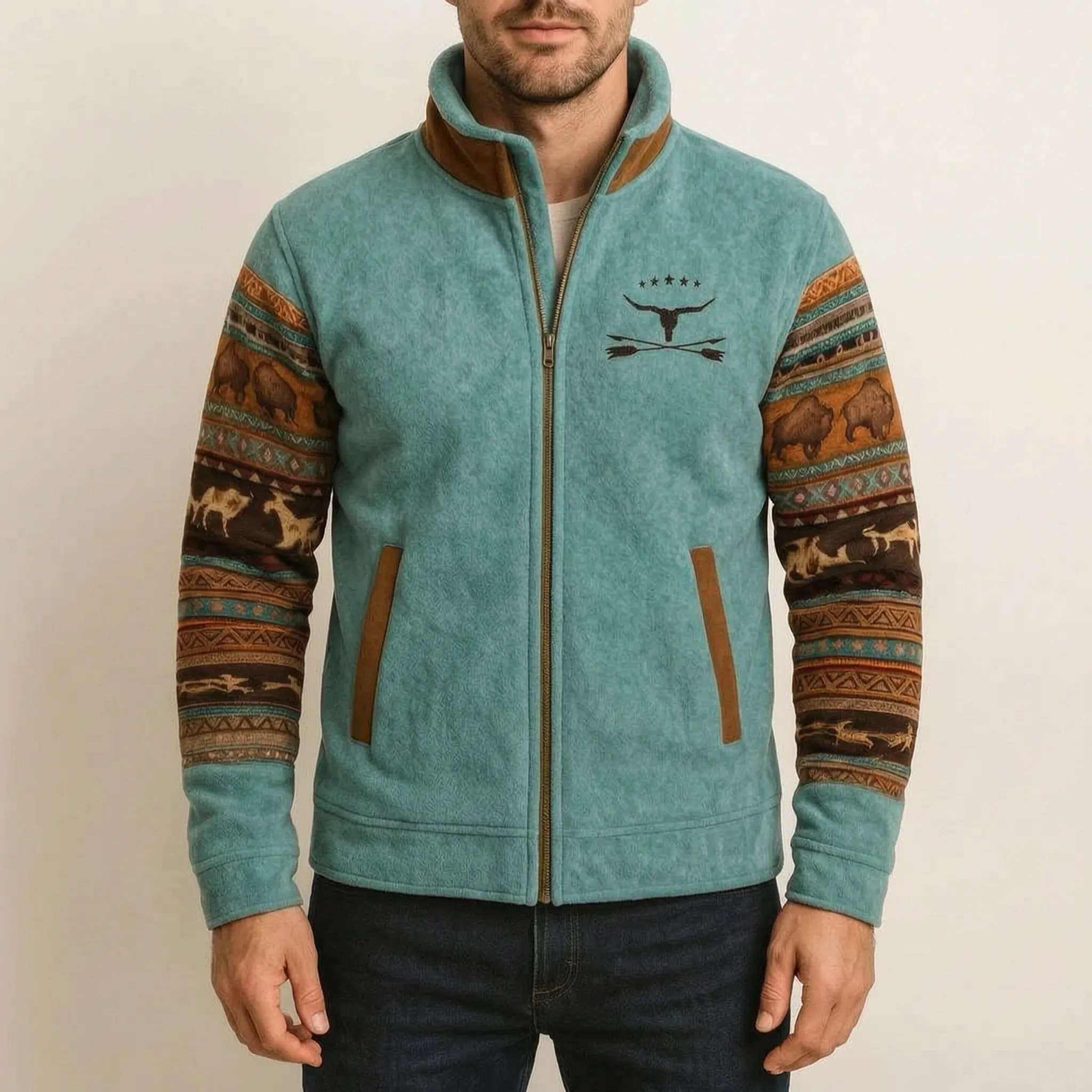 Cadoro  - Western Print Full-Zip Jacket Layering Over T-Shirts