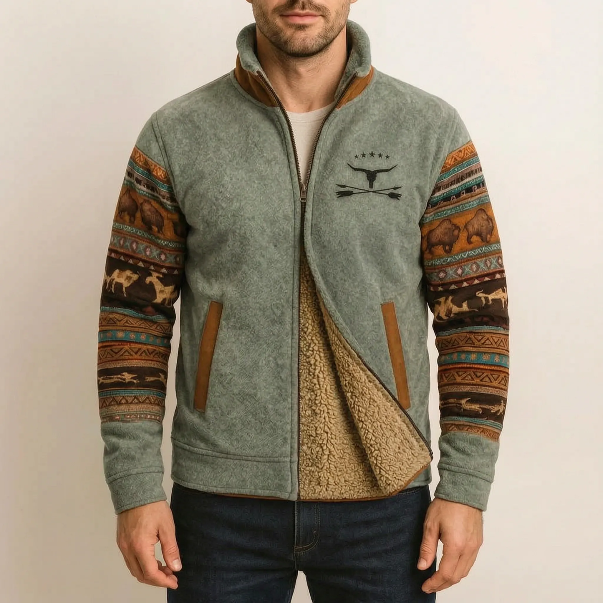 Cadoro  - Western Print Full-Zip Jacket Layering Over T-Shirts