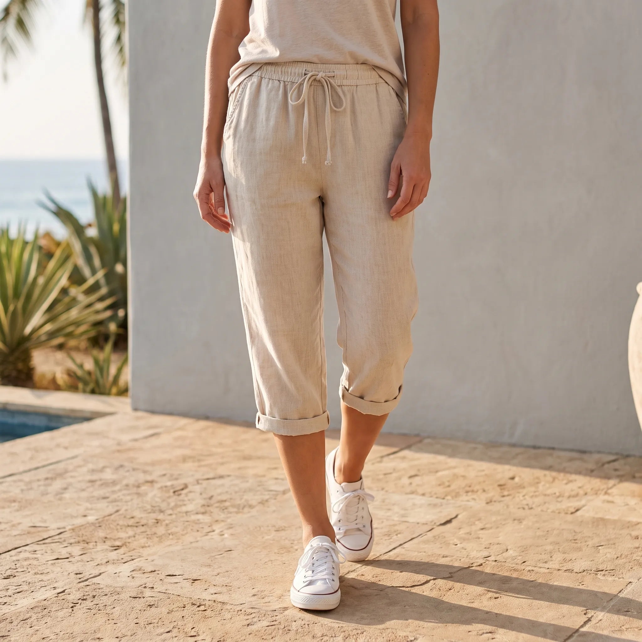 Caleo  - Casual Relaxed Fit Capri Trousers Warm Weather Wear