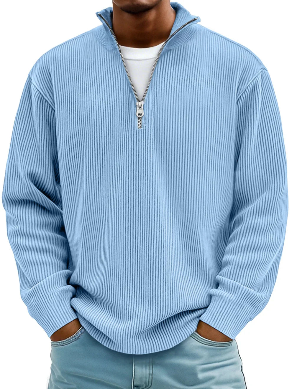Men's ribbed half-zip sweater with stand collar