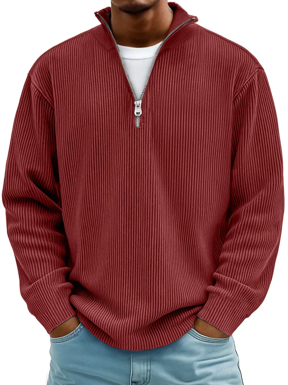 Men's ribbed half-zip sweater with stand collar