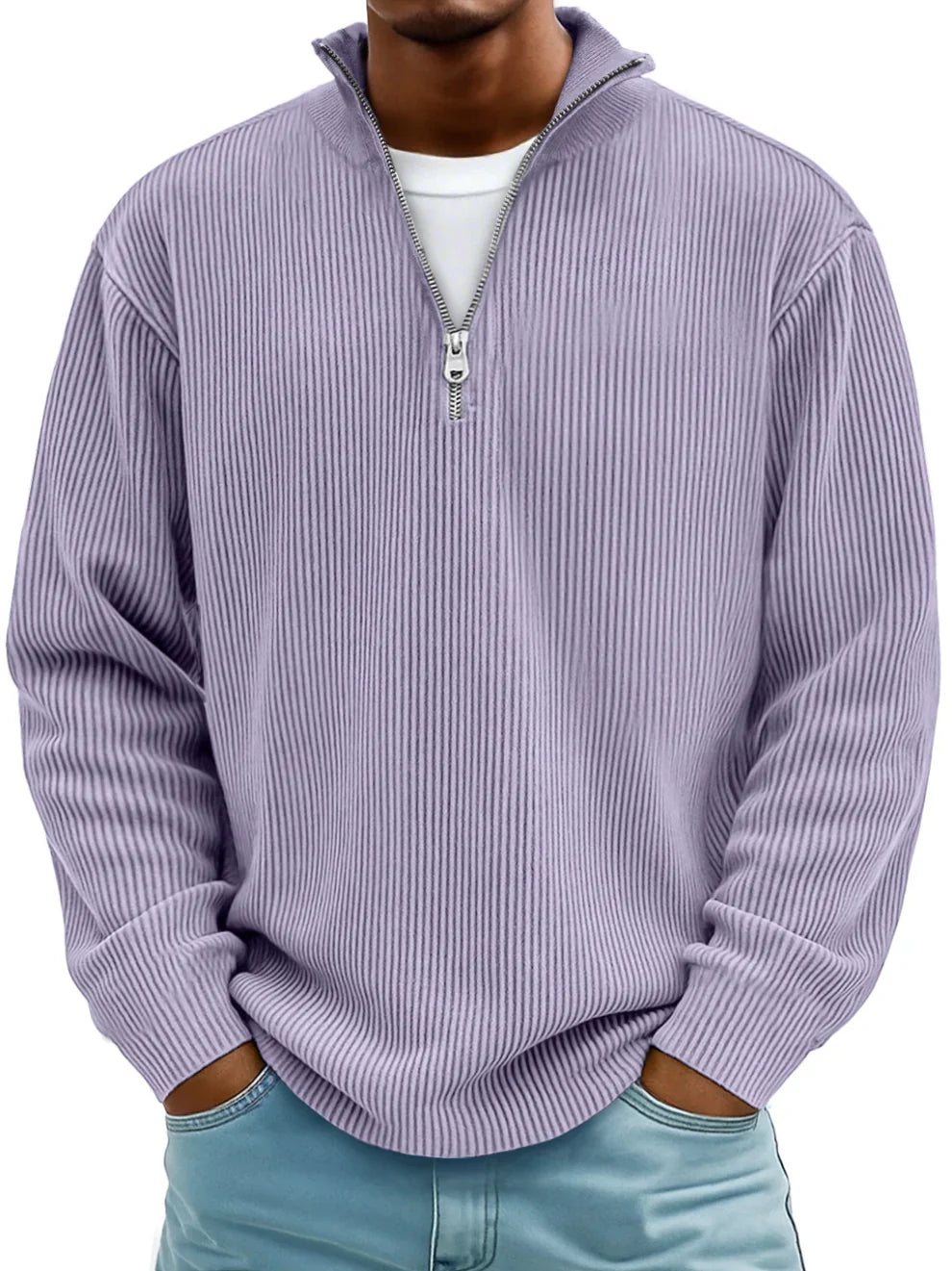 Men's ribbed half-zip sweater with stand collar