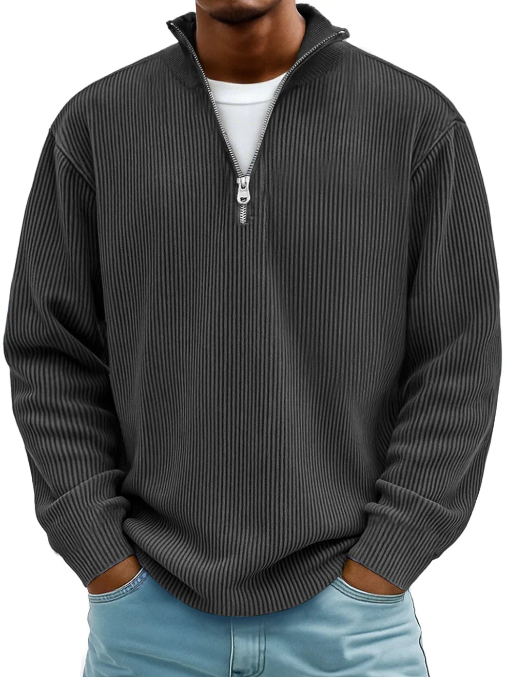 Men's ribbed half-zip sweater with stand collar