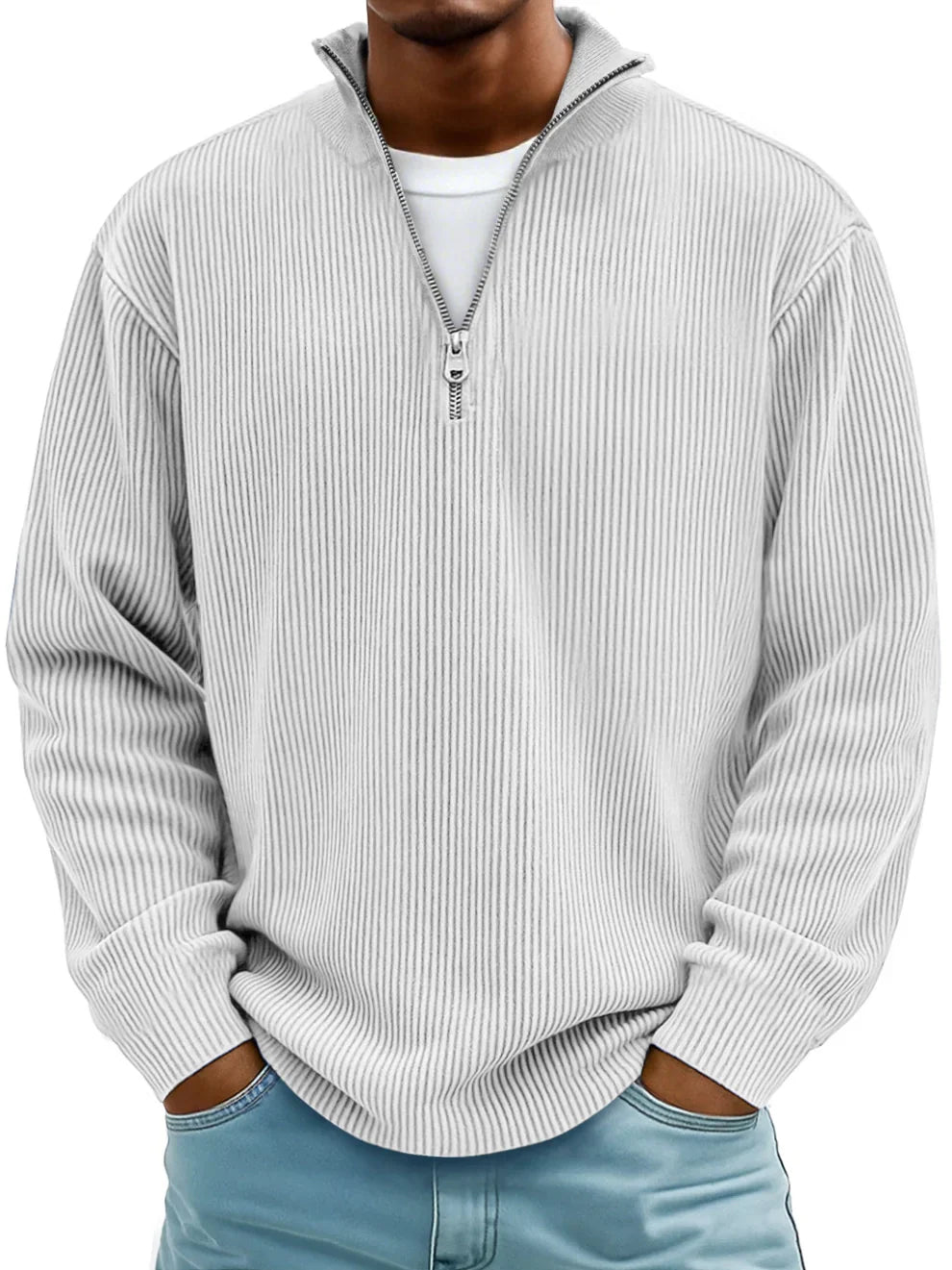 Men's ribbed half-zip sweater with stand collar