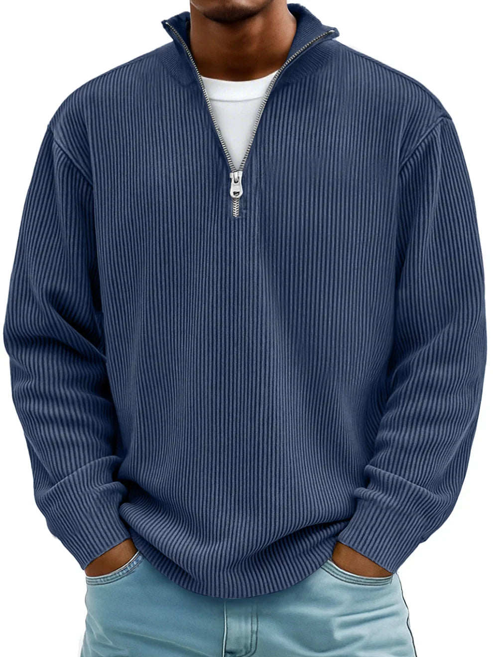 Men's ribbed half-zip sweater with stand collar
