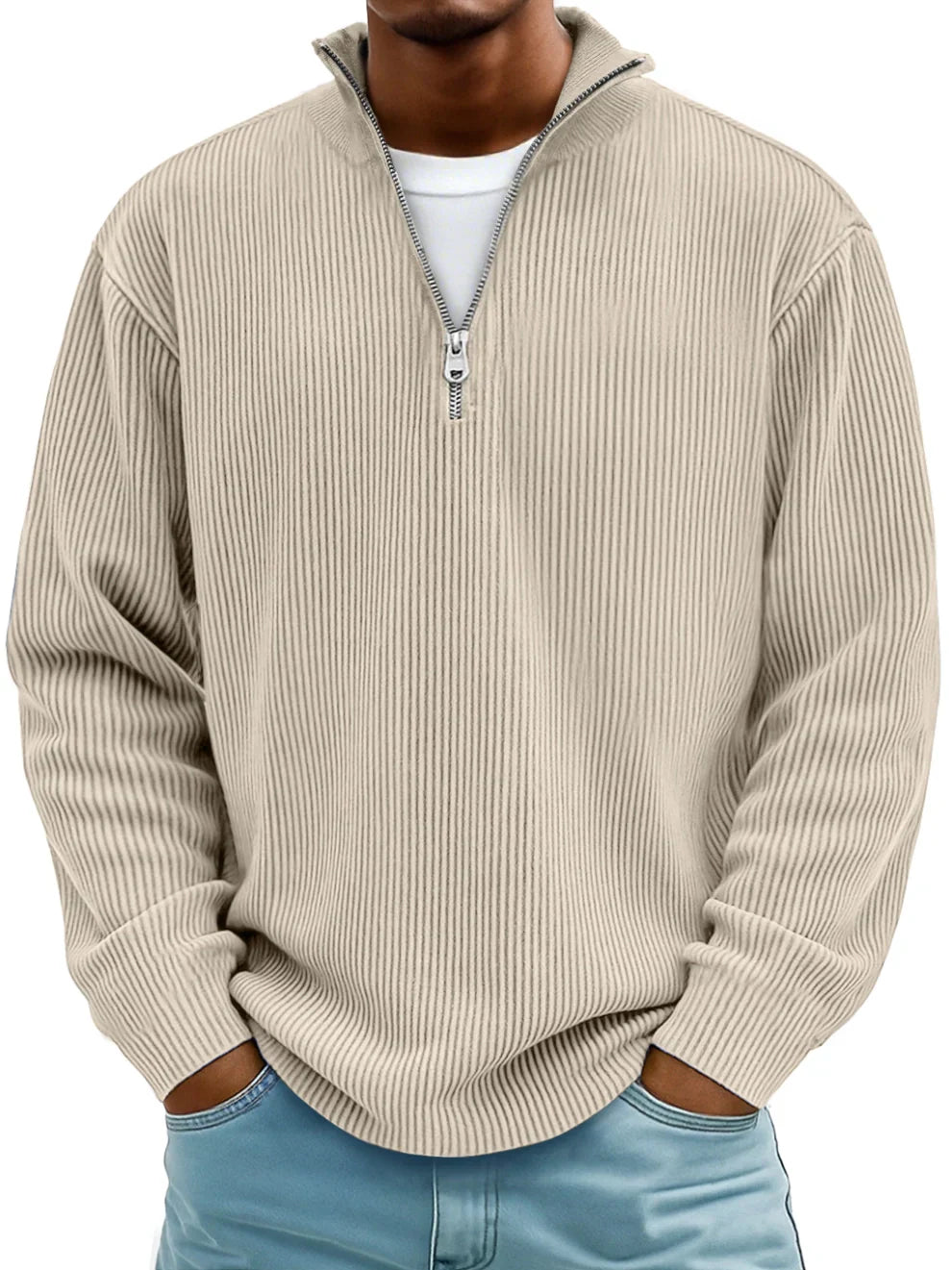 Men's ribbed half-zip sweater with stand collar