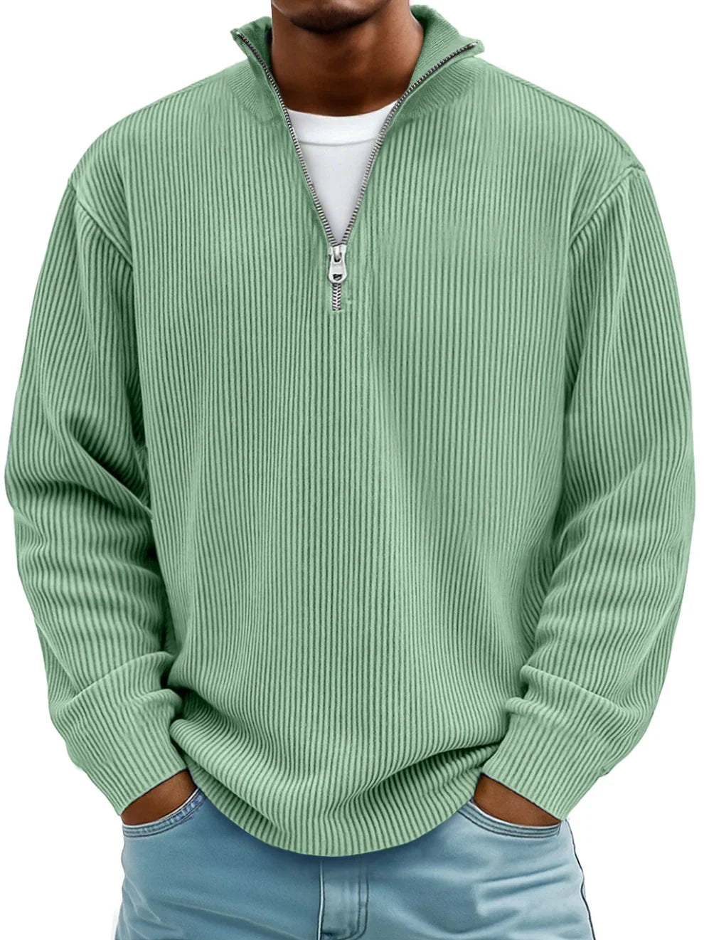 Men's ribbed half-zip sweater with stand collar
