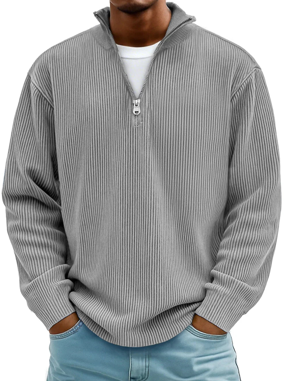 Men's ribbed half-zip sweater with stand collar