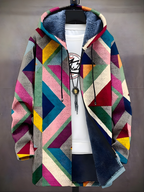Unisex geometric patchwork zip-up hoodie with drawstring hood and long sleeves