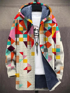 Unisex geometric patchwork zip-up hoodie with drawstring hood and long sleeves
