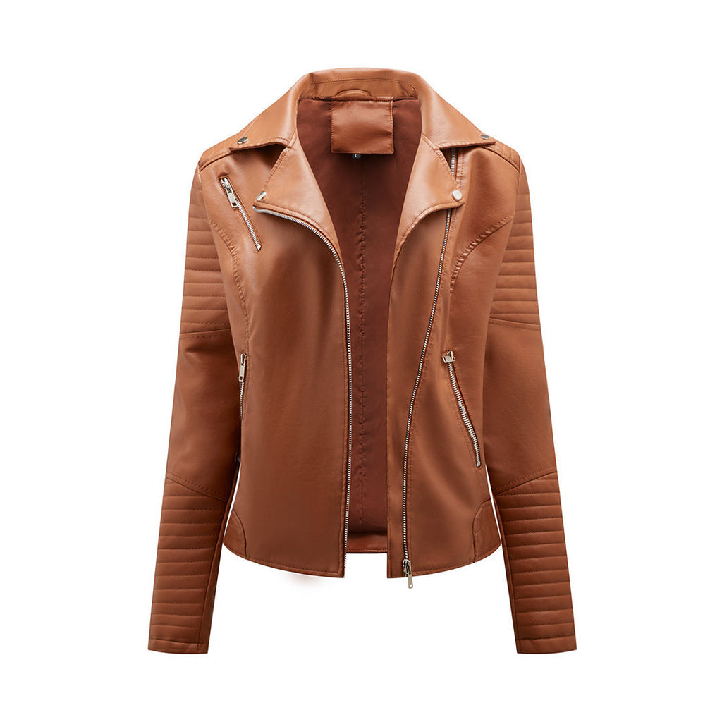 Women's short biker jacket with notched lapels, long sleeves, zip pockets and quilted panels