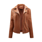 Women's short biker jacket with notched lapels, long sleeves, zip pockets and quilted panels