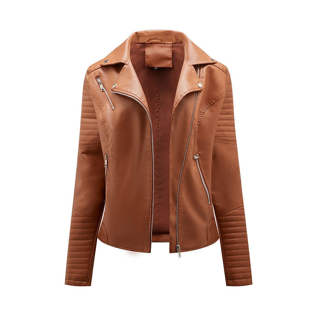 Women's short biker jacket with notched lapels, long sleeves, zip pockets and quilted panels
