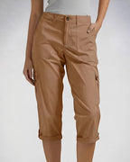 Women's high-waisted cropped cargo trousers with straight legs and multiple flap pockets