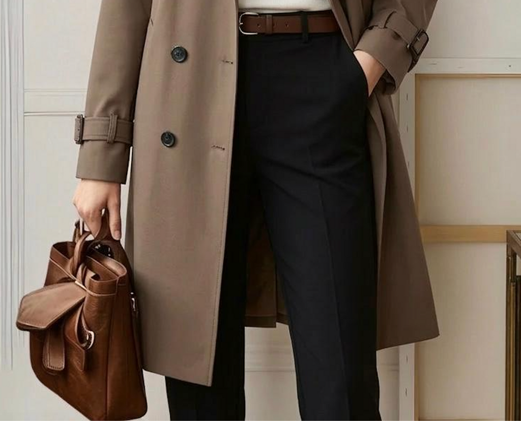 Women's khaki double-breasted trench coat with belt