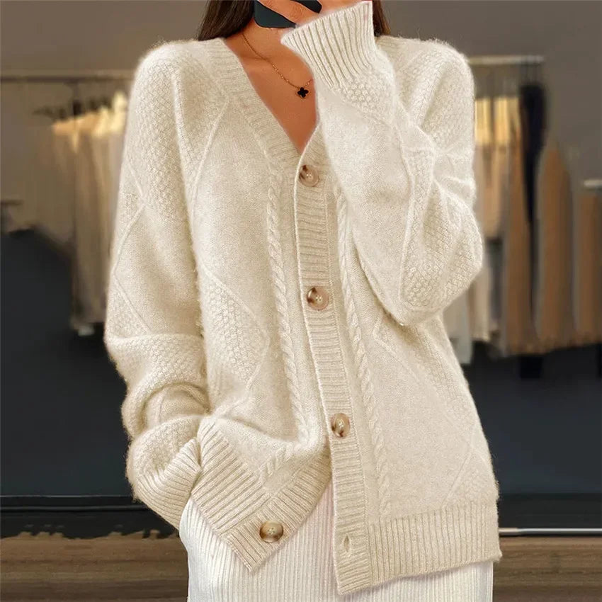 Women's long textured cardigan with V-neck and button front