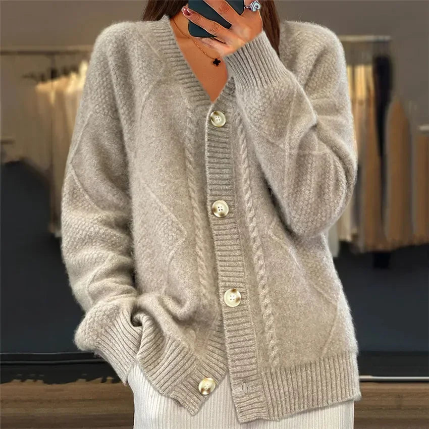 Women's long textured cardigan with V-neck and button front