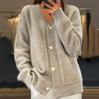 Women's long textured cardigan with V-neck and button front